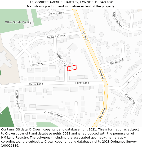 13, CONIFER AVENUE, HARTLEY, LONGFIELD, DA3 8BX: Location map and indicative extent of plot