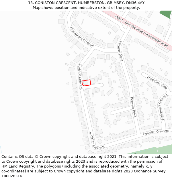 13, CONISTON CRESCENT, HUMBERSTON, GRIMSBY, DN36 4AY: Location map and indicative extent of plot