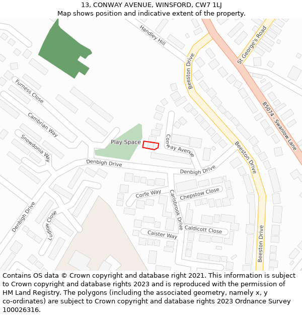 13, CONWAY AVENUE, WINSFORD, CW7 1LJ: Location map and indicative extent of plot
