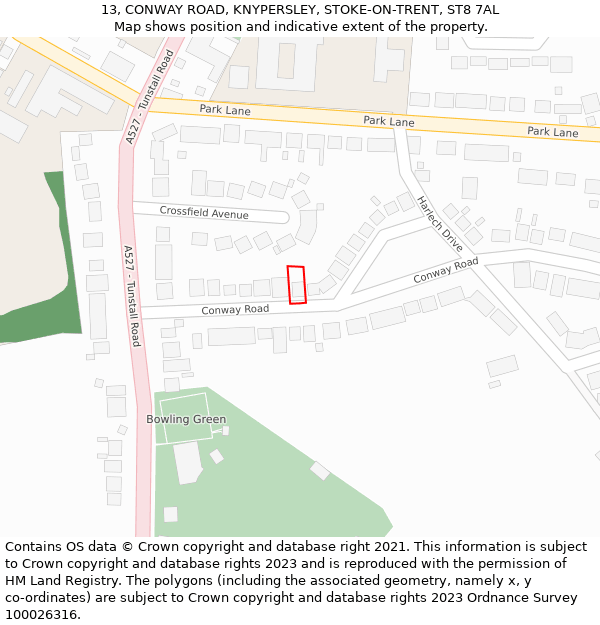 13, CONWAY ROAD, KNYPERSLEY, STOKE-ON-TRENT, ST8 7AL: Location map and indicative extent of plot