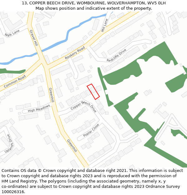 13, COPPER BEECH DRIVE, WOMBOURNE, WOLVERHAMPTON, WV5 0LH: Location map and indicative extent of plot