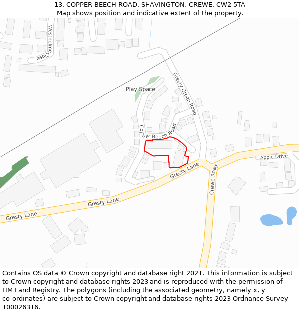 13, COPPER BEECH ROAD, SHAVINGTON, CREWE, CW2 5TA: Location map and indicative extent of plot