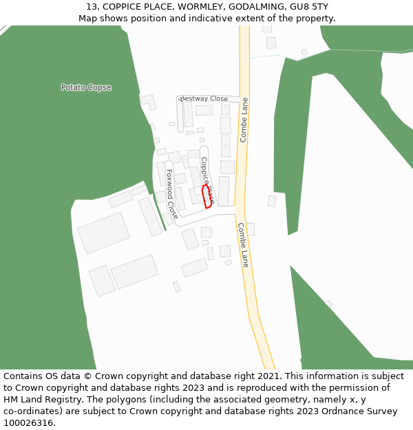 13, COPPICE PLACE, WORMLEY, GODALMING, GU8 5TY: Location map and indicative extent of plot