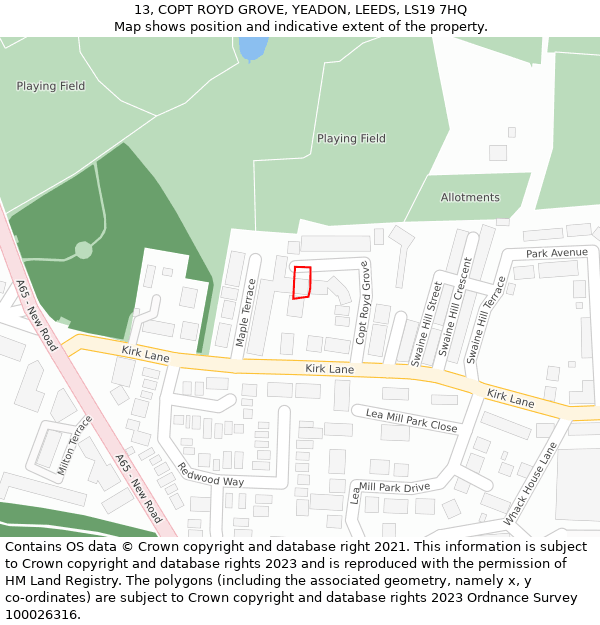 13, COPT ROYD GROVE, YEADON, LEEDS, LS19 7HQ: Location map and indicative extent of plot