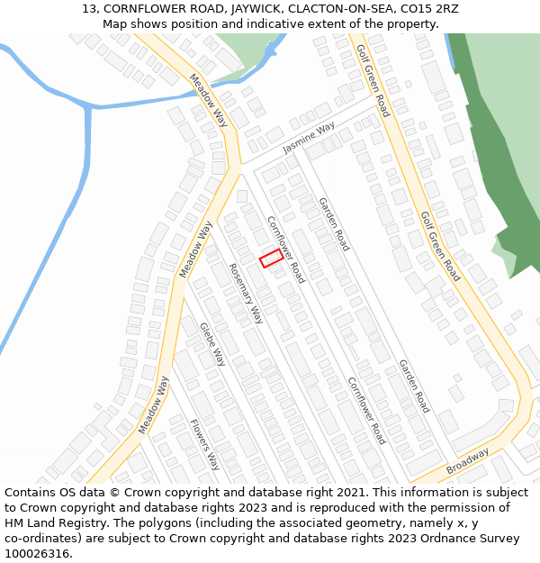 13, CORNFLOWER ROAD, JAYWICK, CLACTON-ON-SEA, CO15 2RZ: Location map and indicative extent of plot