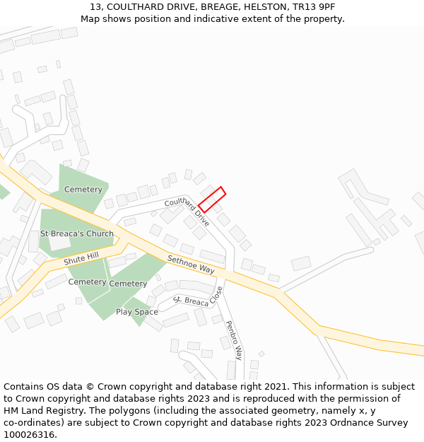 13, COULTHARD DRIVE, BREAGE, HELSTON, TR13 9PF: Location map and indicative extent of plot