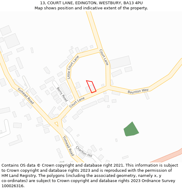 13, COURT LANE, EDINGTON, WESTBURY, BA13 4PU: Location map and indicative extent of plot