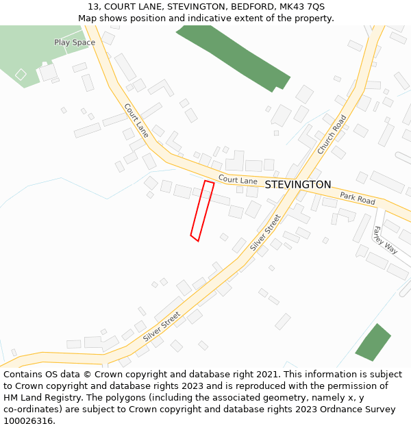 13, COURT LANE, STEVINGTON, BEDFORD, MK43 7QS: Location map and indicative extent of plot