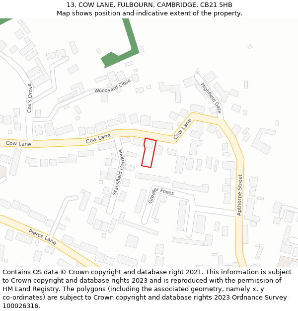 13, COW LANE, FULBOURN, CAMBRIDGE, CB21 5HB: Location map and indicative extent of plot