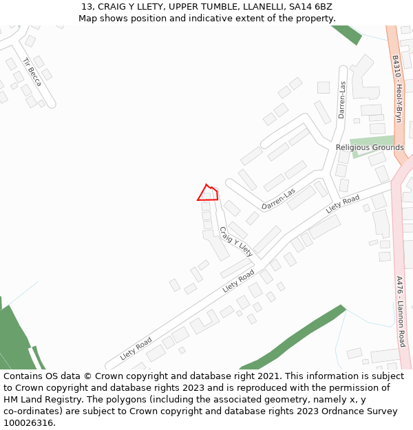 13, CRAIG Y LLETY, UPPER TUMBLE, LLANELLI, SA14 6BZ: Location map and indicative extent of plot