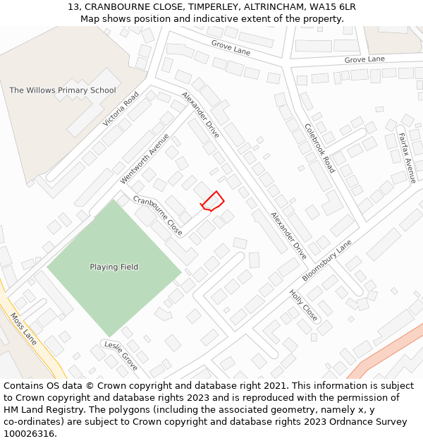 13, CRANBOURNE CLOSE, TIMPERLEY, ALTRINCHAM, WA15 6LR: Location map and indicative extent of plot