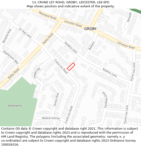 13, CRANE LEY ROAD, GROBY, LEICESTER, LE6 0FD: Location map and indicative extent of plot