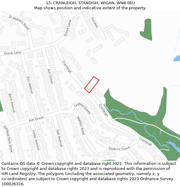 13, CRANLEIGH, STANDISH, WIGAN, WN6 0EU: Location map and indicative extent of plot