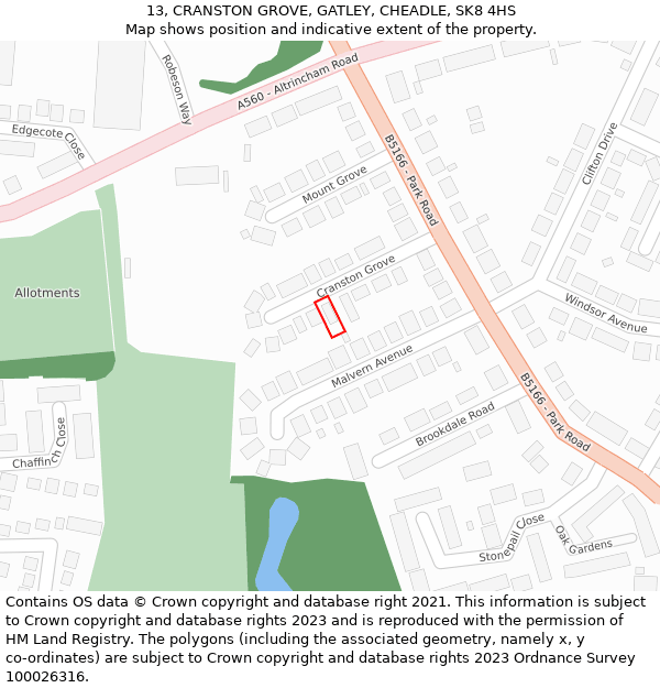 13, CRANSTON GROVE, GATLEY, CHEADLE, SK8 4HS: Location map and indicative extent of plot