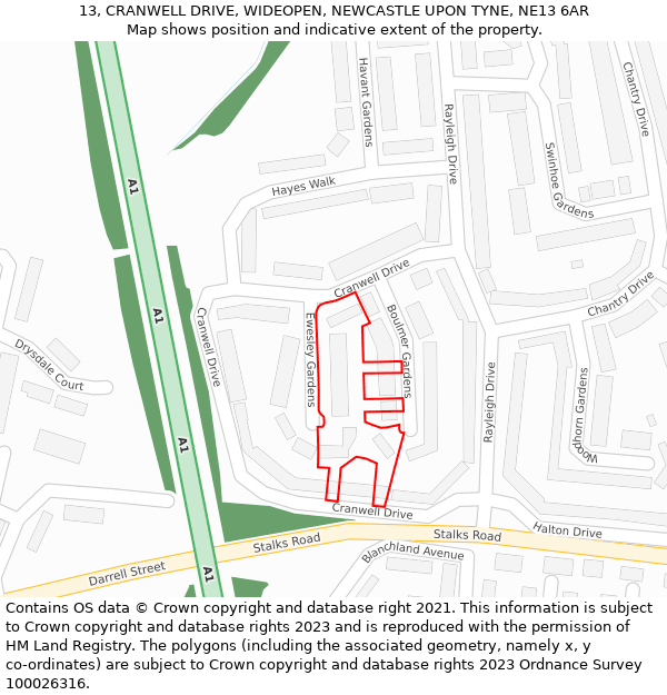 13, CRANWELL DRIVE, WIDEOPEN, NEWCASTLE UPON TYNE, NE13 6AR: Location map and indicative extent of plot