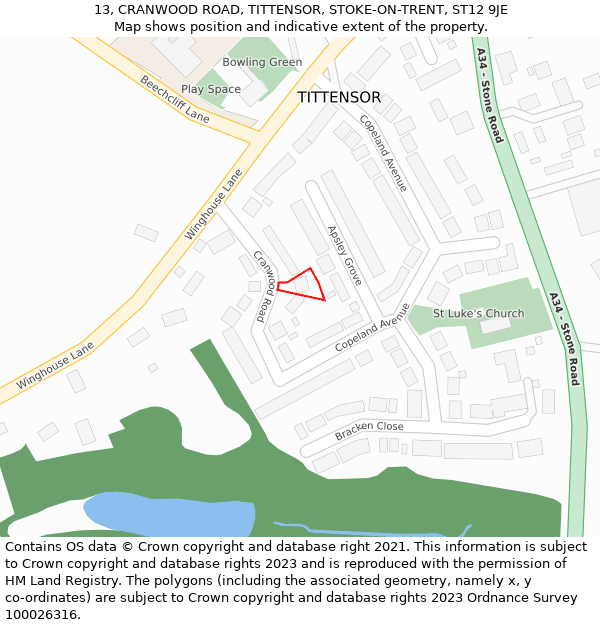 13, CRANWOOD ROAD, TITTENSOR, STOKE-ON-TRENT, ST12 9JE: Location map and indicative extent of plot