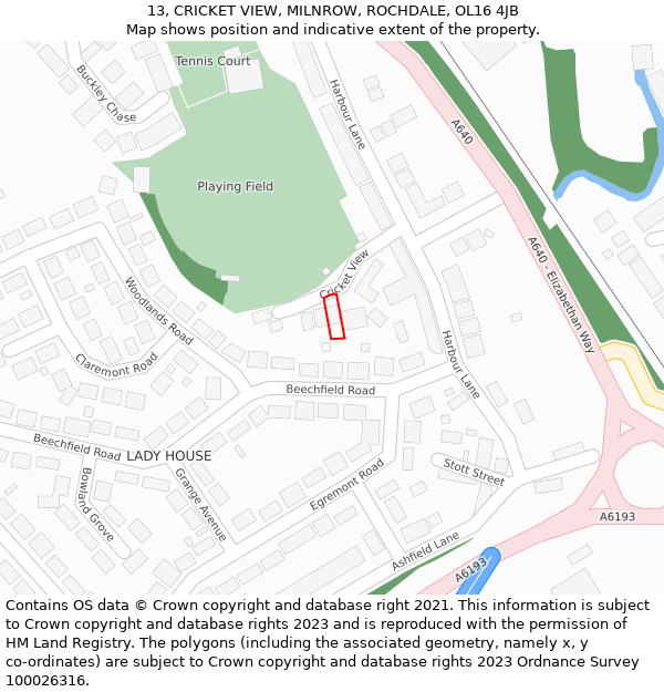 13, CRICKET VIEW, MILNROW, ROCHDALE, OL16 4JB: Location map and indicative extent of plot