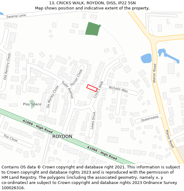 13, CRICKS WALK, ROYDON, DISS, IP22 5SN: Location map and indicative extent of plot