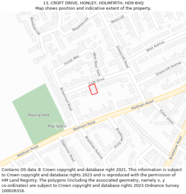 13, CROFT DRIVE, HONLEY, HOLMFIRTH, HD9 6HQ: Location map and indicative extent of plot