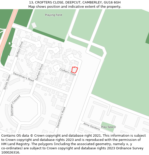 13, CROFTERS CLOSE, DEEPCUT, CAMBERLEY, GU16 6GH: Location map and indicative extent of plot