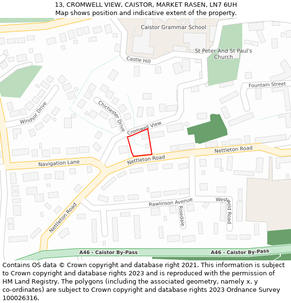 13, CROMWELL VIEW, CAISTOR, MARKET RASEN, LN7 6UH: Location map and indicative extent of plot