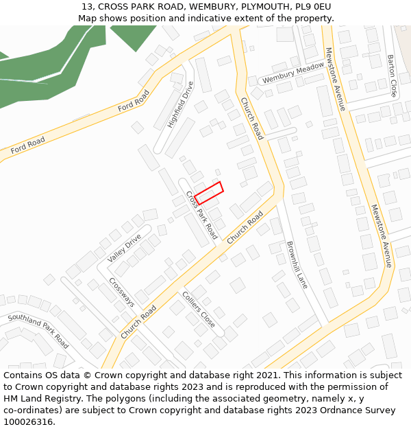 13, CROSS PARK ROAD, WEMBURY, PLYMOUTH, PL9 0EU: Location map and indicative extent of plot