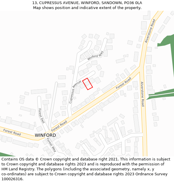 13, CUPRESSUS AVENUE, WINFORD, SANDOWN, PO36 0LA: Location map and indicative extent of plot