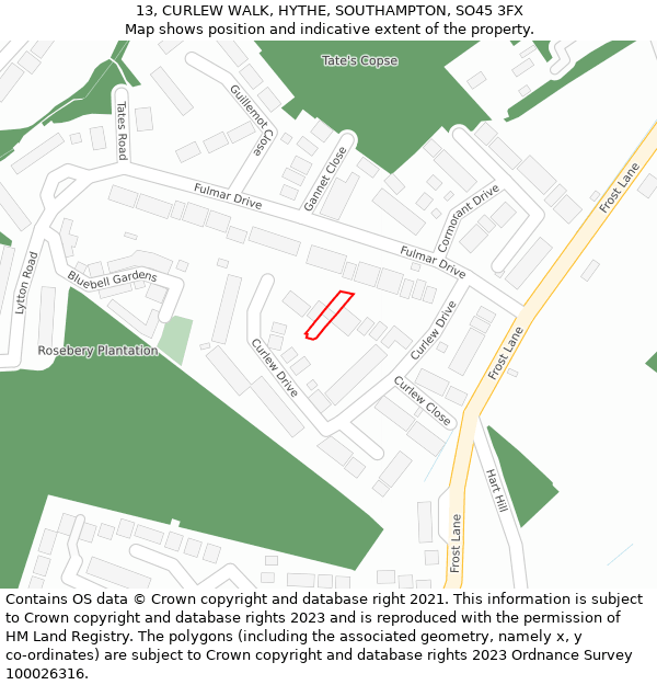 13, CURLEW WALK, HYTHE, SOUTHAMPTON, SO45 3FX: Location map and indicative extent of plot