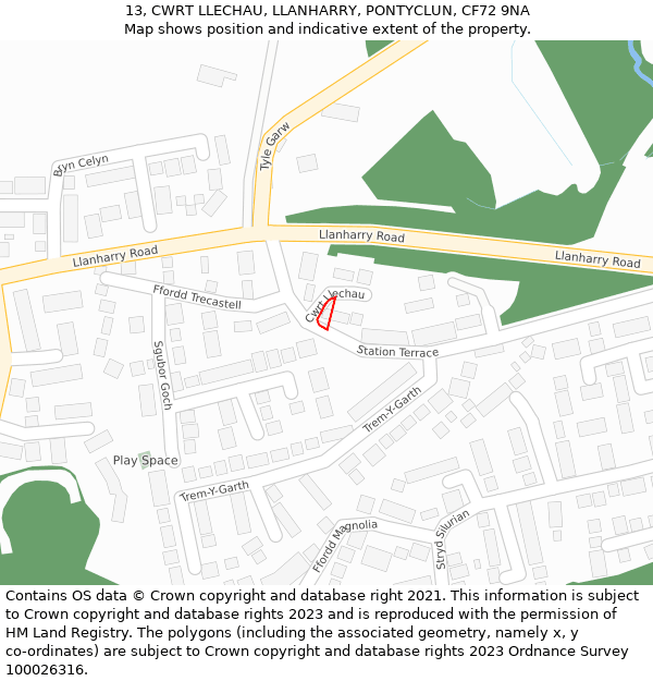 13, CWRT LLECHAU, LLANHARRY, PONTYCLUN, CF72 9NA: Location map and indicative extent of plot