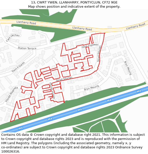 13, CWRT YWEN, LLANHARRY, PONTYCLUN, CF72 9GE: Location map and indicative extent of plot