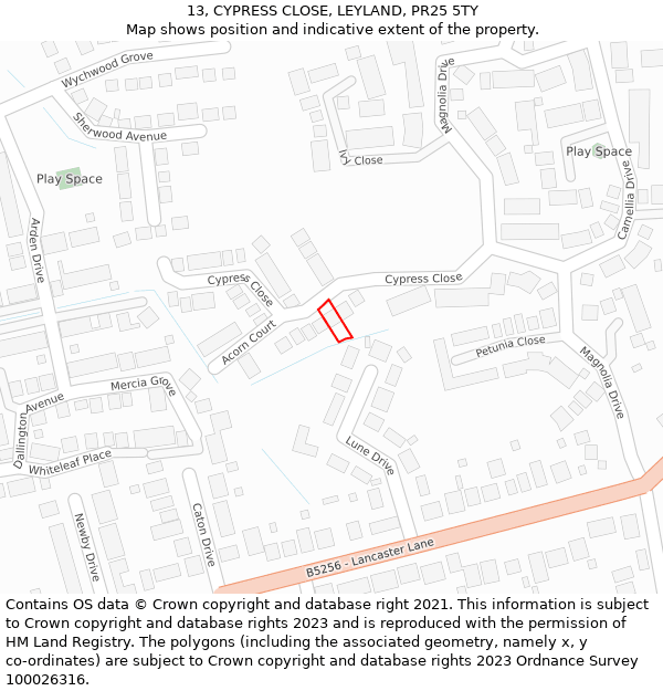 13, CYPRESS CLOSE, LEYLAND, PR25 5TY: Location map and indicative extent of plot