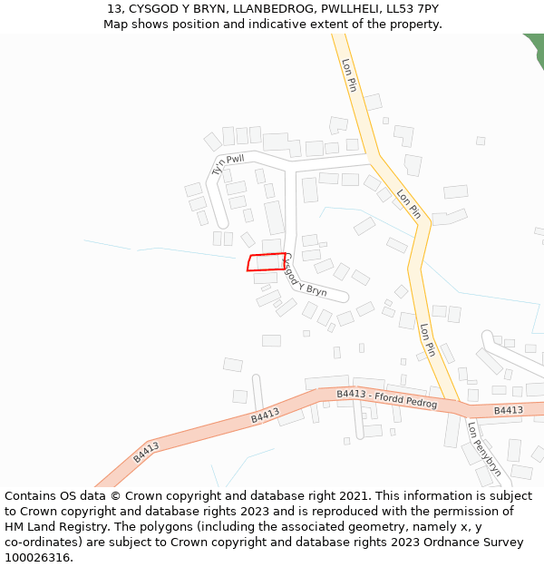 13, CYSGOD Y BRYN, LLANBEDROG, PWLLHELI, LL53 7PY: Location map and indicative extent of plot