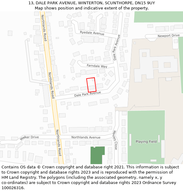 13, DALE PARK AVENUE, WINTERTON, SCUNTHORPE, DN15 9UY: Location map and indicative extent of plot