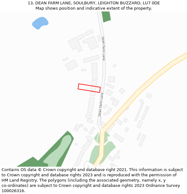 13, DEAN FARM LANE, SOULBURY, LEIGHTON BUZZARD, LU7 0DE: Location map and indicative extent of plot