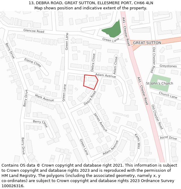 13, DEBRA ROAD, GREAT SUTTON, ELLESMERE PORT, CH66 4LN: Location map and indicative extent of plot