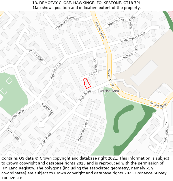 13, DEMOZAY CLOSE, HAWKINGE, FOLKESTONE, CT18 7PL: Location map and indicative extent of plot