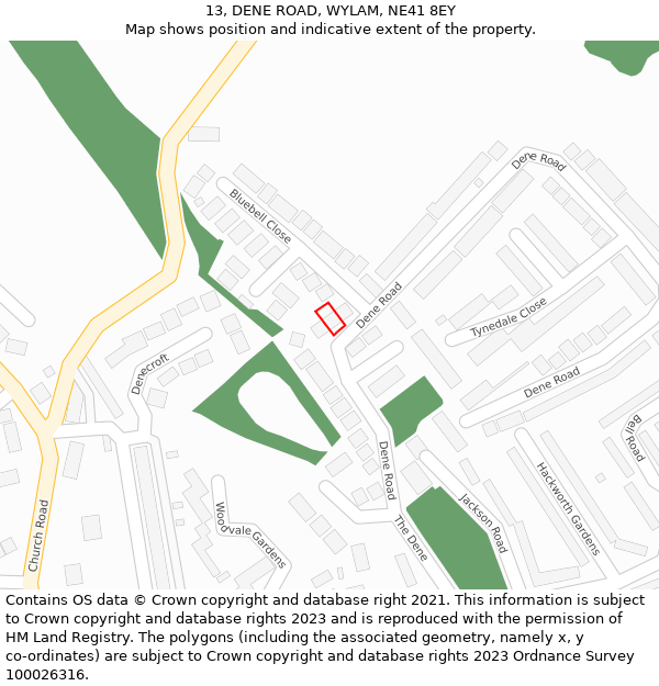 13, DENE ROAD, WYLAM, NE41 8EY: Location map and indicative extent of plot