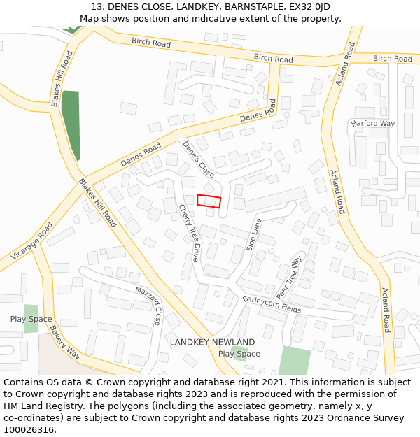 13, DENES CLOSE, LANDKEY, BARNSTAPLE, EX32 0JD: Location map and indicative extent of plot