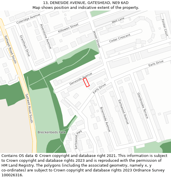 13, DENESIDE AVENUE, GATESHEAD, NE9 6AD: Location map and indicative extent of plot
