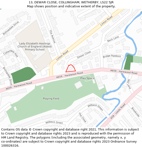 13, DEWAR CLOSE, COLLINGHAM, WETHERBY, LS22 5JR: Location map and indicative extent of plot