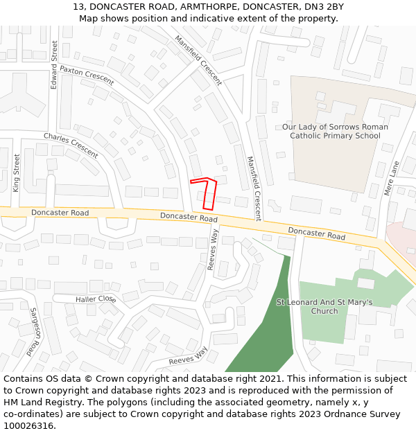 13, DONCASTER ROAD, ARMTHORPE, DONCASTER, DN3 2BY: Location map and indicative extent of plot