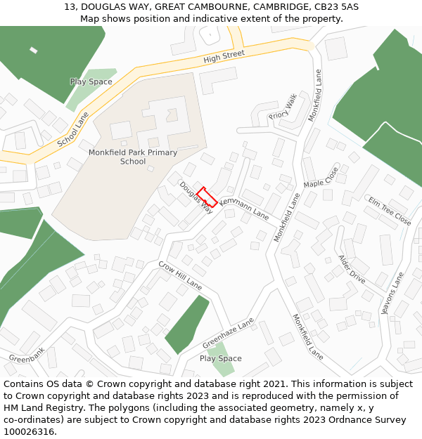 13, DOUGLAS WAY, GREAT CAMBOURNE, CAMBRIDGE, CB23 5AS: Location map and indicative extent of plot