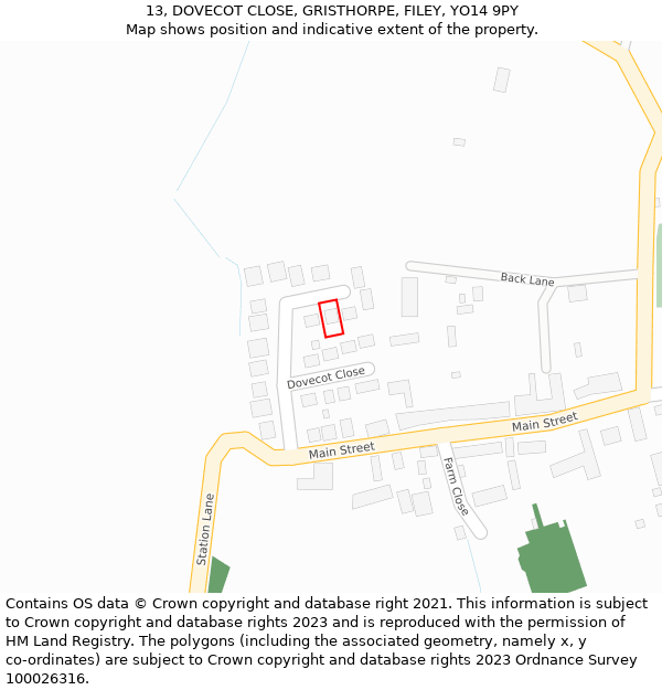 13, DOVECOT CLOSE, GRISTHORPE, FILEY, YO14 9PY: Location map and indicative extent of plot