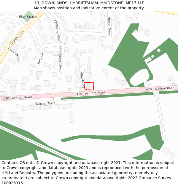 13, DOWNLANDS, HARRIETSHAM, MAIDSTONE, ME17 1LE: Location map and indicative extent of plot