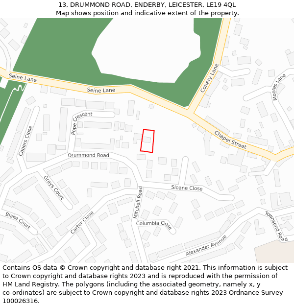 13, DRUMMOND ROAD, ENDERBY, LEICESTER, LE19 4QL: Location map and indicative extent of plot