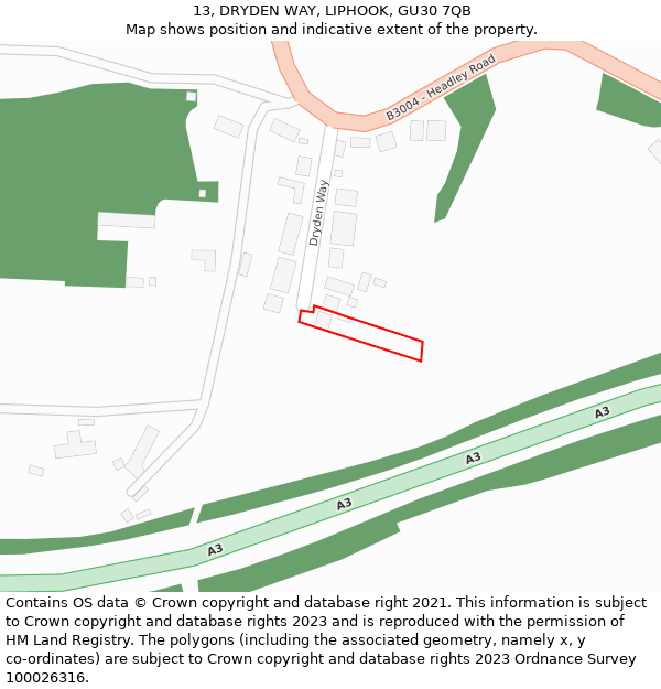 13, DRYDEN WAY, LIPHOOK, GU30 7QB: Location map and indicative extent of plot