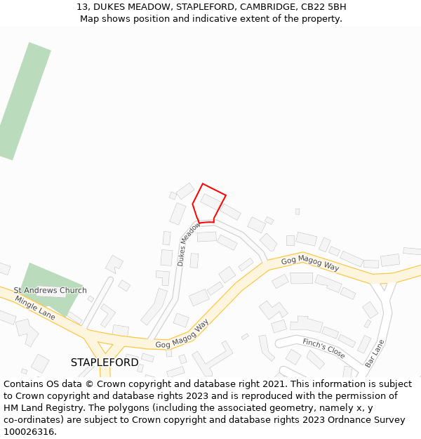 13, DUKES MEADOW, STAPLEFORD, CAMBRIDGE, CB22 5BH: Location map and indicative extent of plot