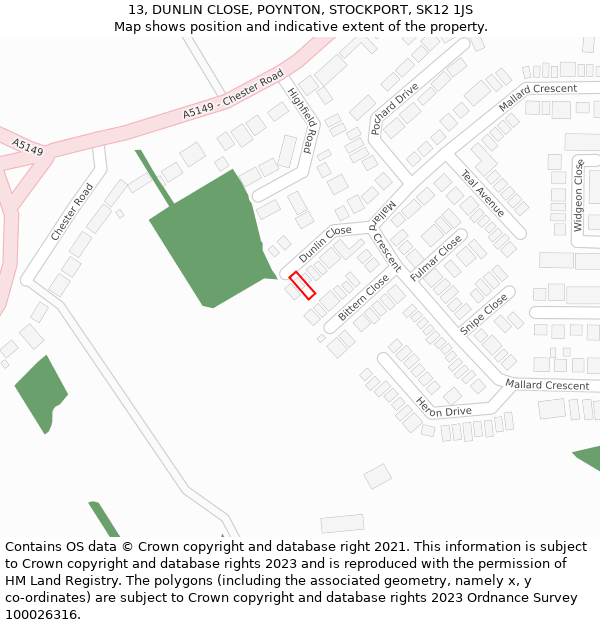 13, DUNLIN CLOSE, POYNTON, STOCKPORT, SK12 1JS: Location map and indicative extent of plot