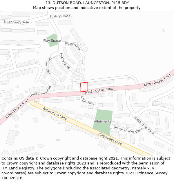 13, DUTSON ROAD, LAUNCESTON, PL15 8DY: Location map and indicative extent of plot