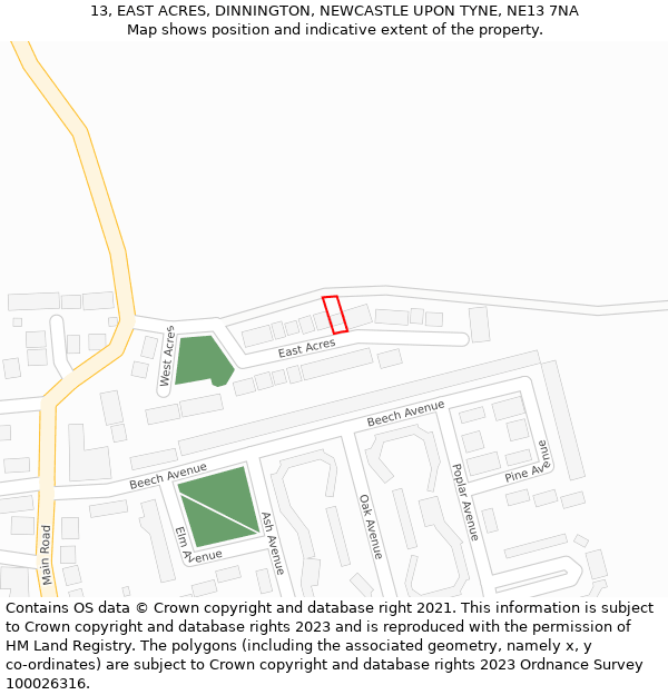 13, EAST ACRES, DINNINGTON, NEWCASTLE UPON TYNE, NE13 7NA: Location map and indicative extent of plot